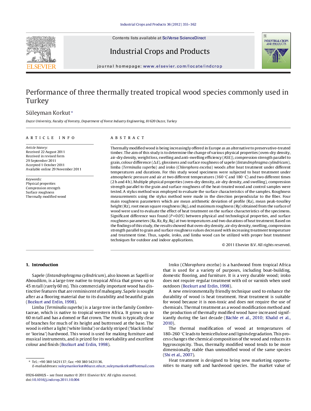 Performance of three thermally treated tropical wood species commonly used in Turkey