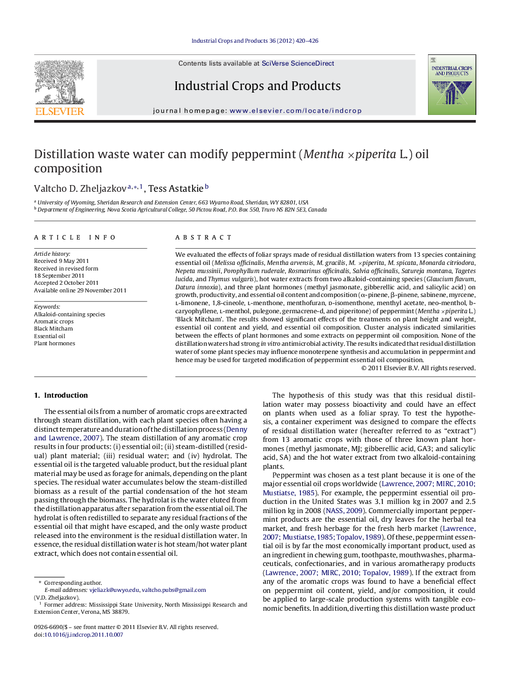 Distillation waste water can modify peppermint (Mentha ×piperita L.) oil composition