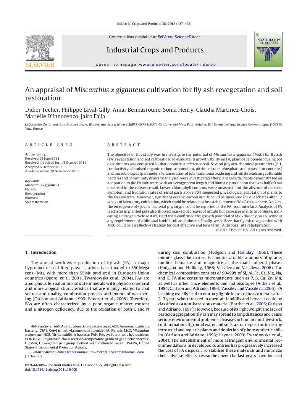 An appraisal of Miscanthus x giganteus cultivation for fly ash revegetation and soil restoration