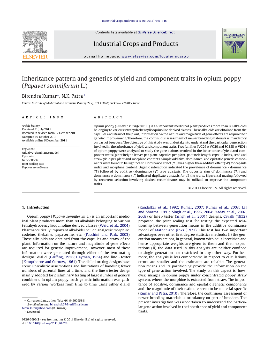 Inheritance pattern and genetics of yield and component traits in opium poppy (Papaver somniferum L.)