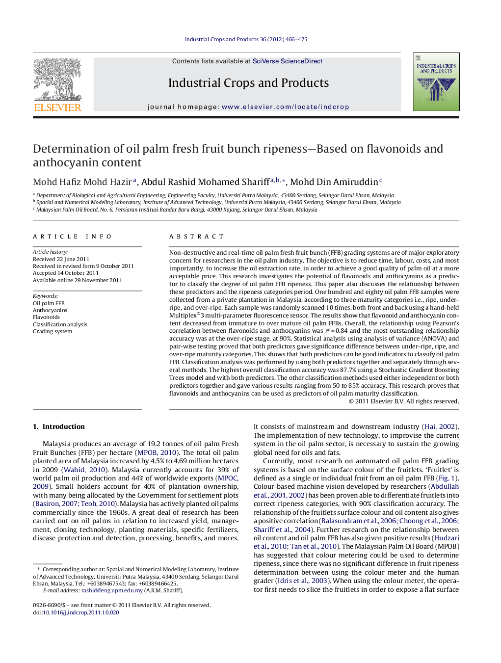 Determination of oil palm fresh fruit bunch ripeness—Based on flavonoids and anthocyanin content