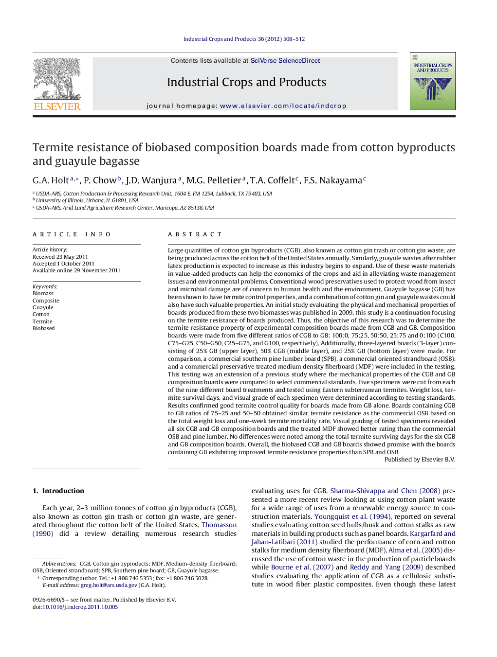 Termite resistance of biobased composition boards made from cotton byproducts and guayule bagasse