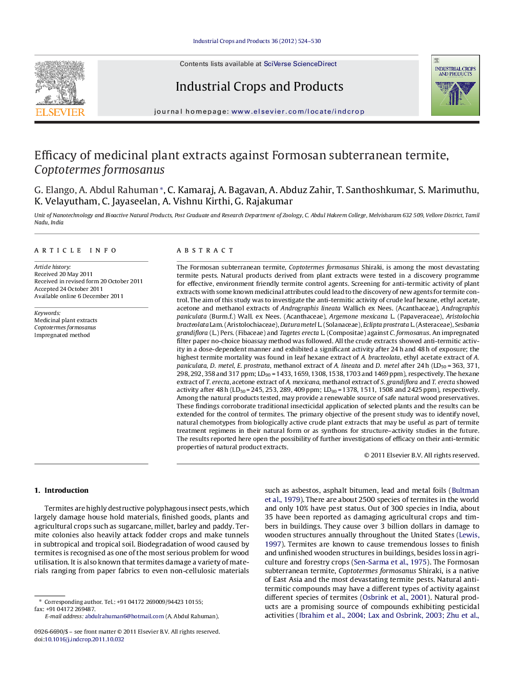 Efficacy of medicinal plant extracts against Formosan subterranean termite, Coptotermes formosanus