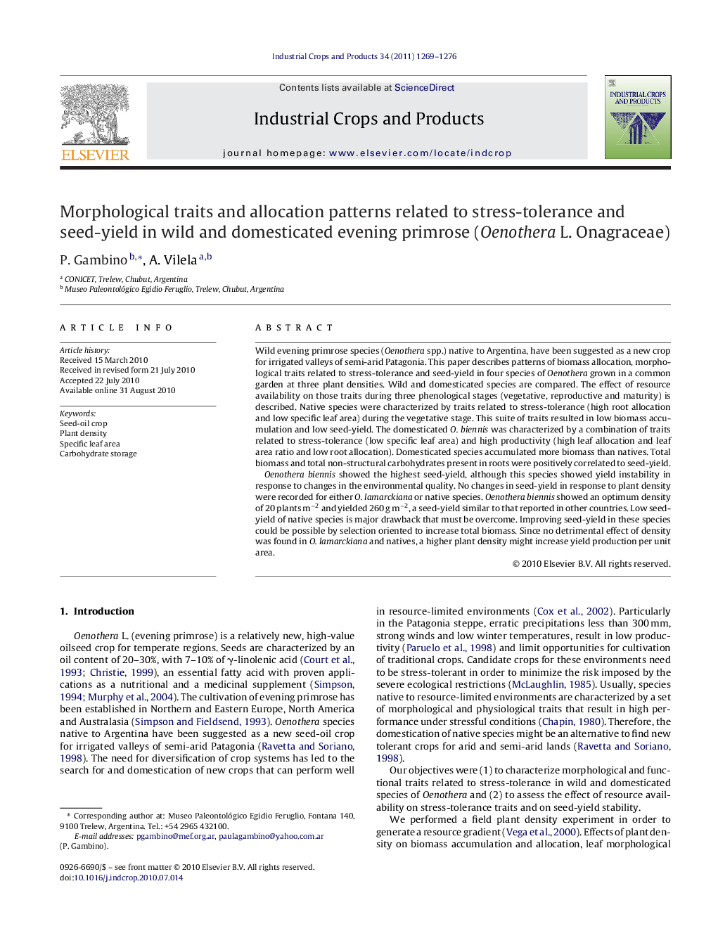 Morphological traits and allocation patterns related to stress-tolerance and seed-yield in wild and domesticated evening primrose (Oenothera L. Onagraceae)