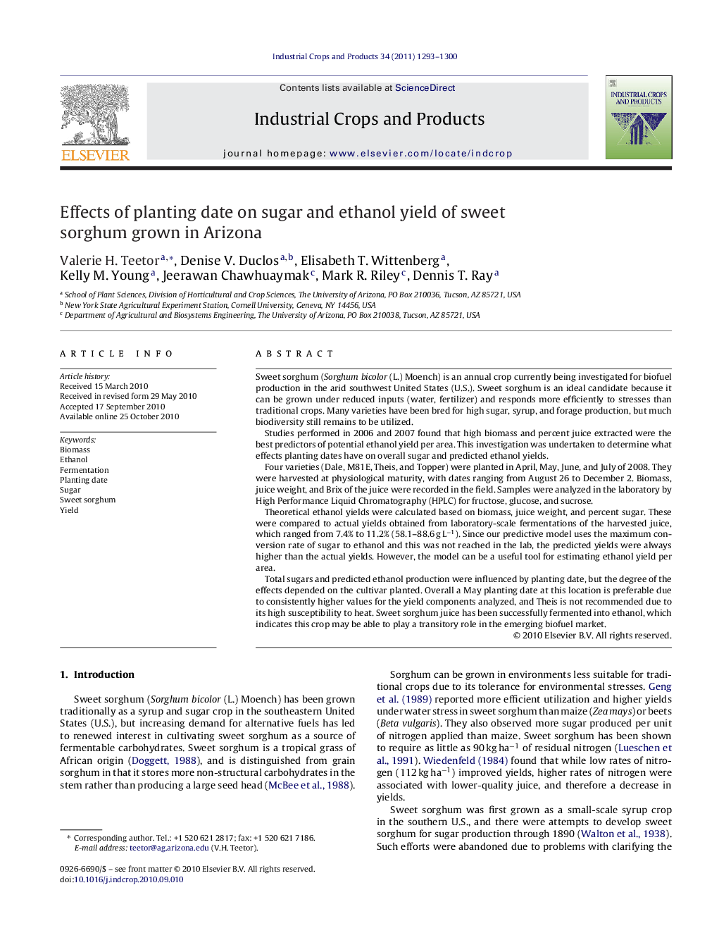 Effects of planting date on sugar and ethanol yield of sweet sorghum grown in Arizona