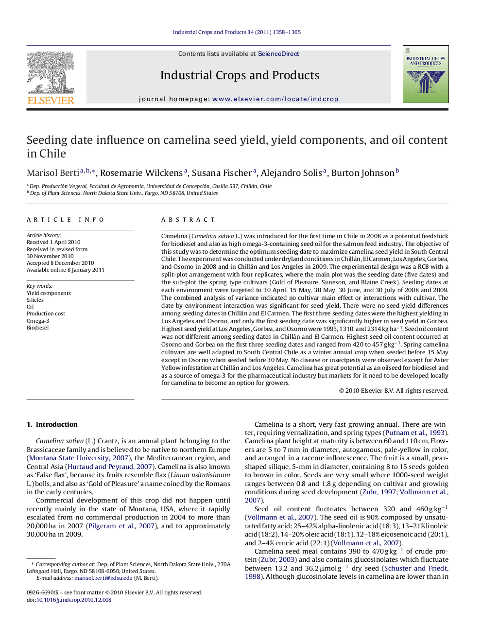 Seeding date influence on camelina seed yield, yield components, and oil content in Chile