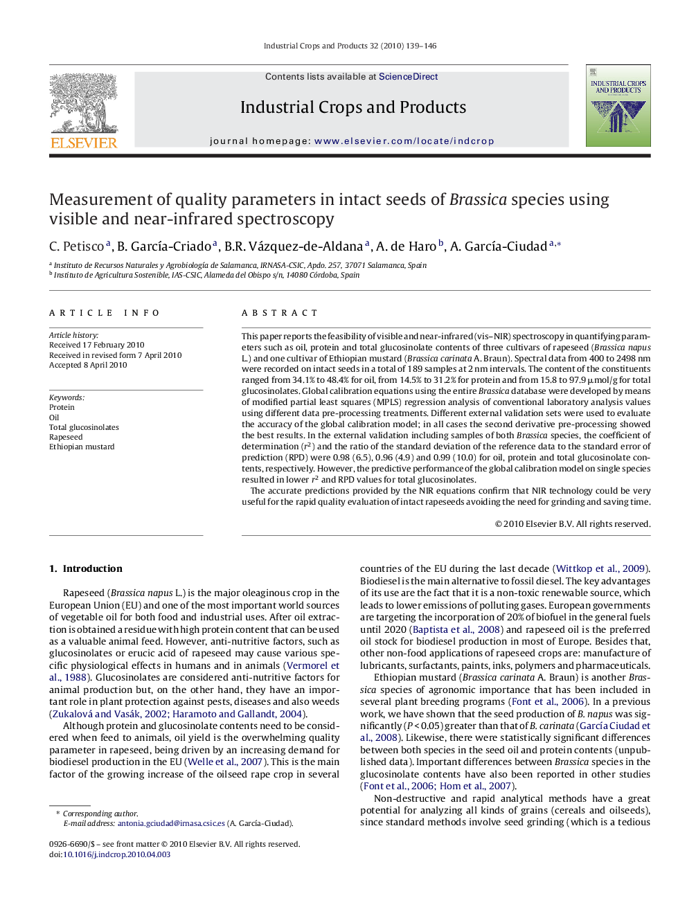 Measurement of quality parameters in intact seeds of Brassica species using visible and near-infrared spectroscopy