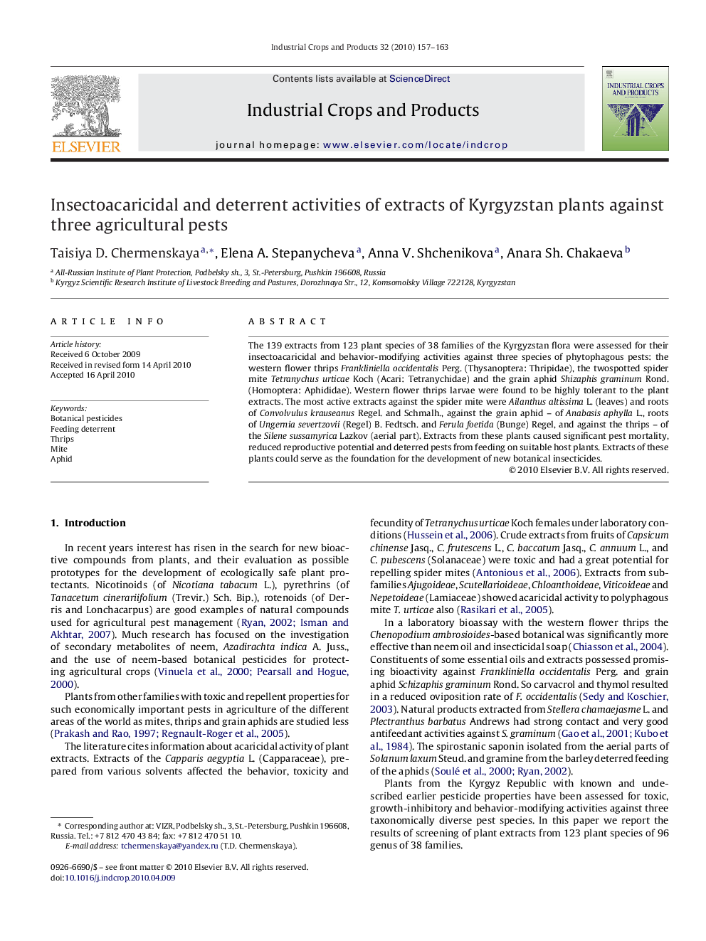 Insectoacaricidal and deterrent activities of extracts of Kyrgyzstan plants against three agricultural pests