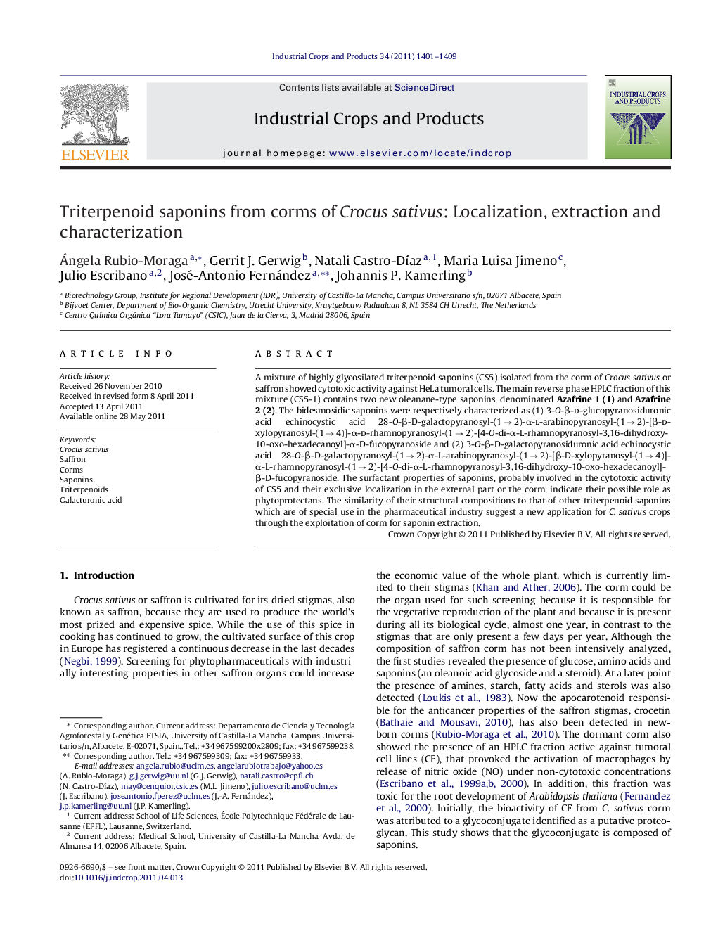 Triterpenoid saponins from corms of Crocus sativus: Localization, extraction and characterization