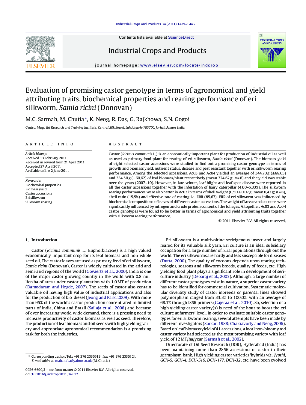 Evaluation of promising castor genotype in terms of agronomical and yield attributing traits, biochemical properties and rearing performance of eri silkworm, Samia ricini (Donovan)