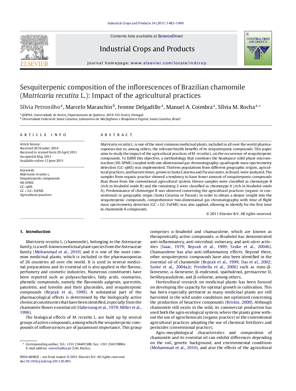 Sesquiterpenic composition of the inflorescences of Brazilian chamomile (Matricaria recutita L.): Impact of the agricultural practices