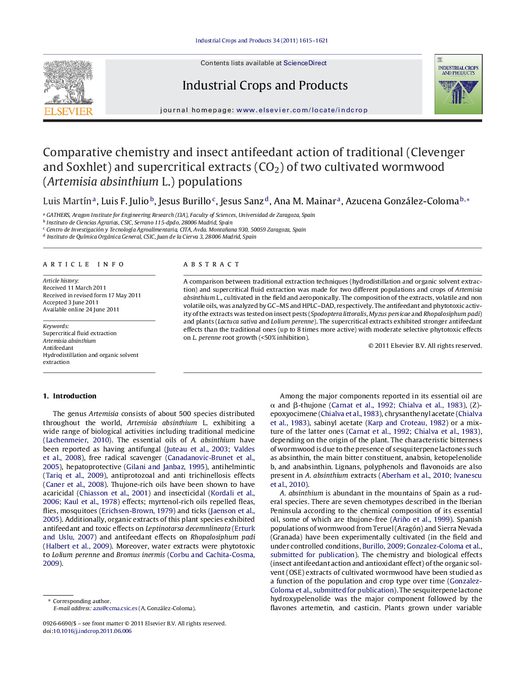 Comparative chemistry and insect antifeedant action of traditional (Clevenger and Soxhlet) and supercritical extracts (CO2) of two cultivated wormwood (Artemisia absinthium L.) populations