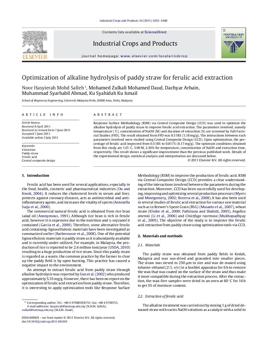 Optimization of alkaline hydrolysis of paddy straw for ferulic acid extraction