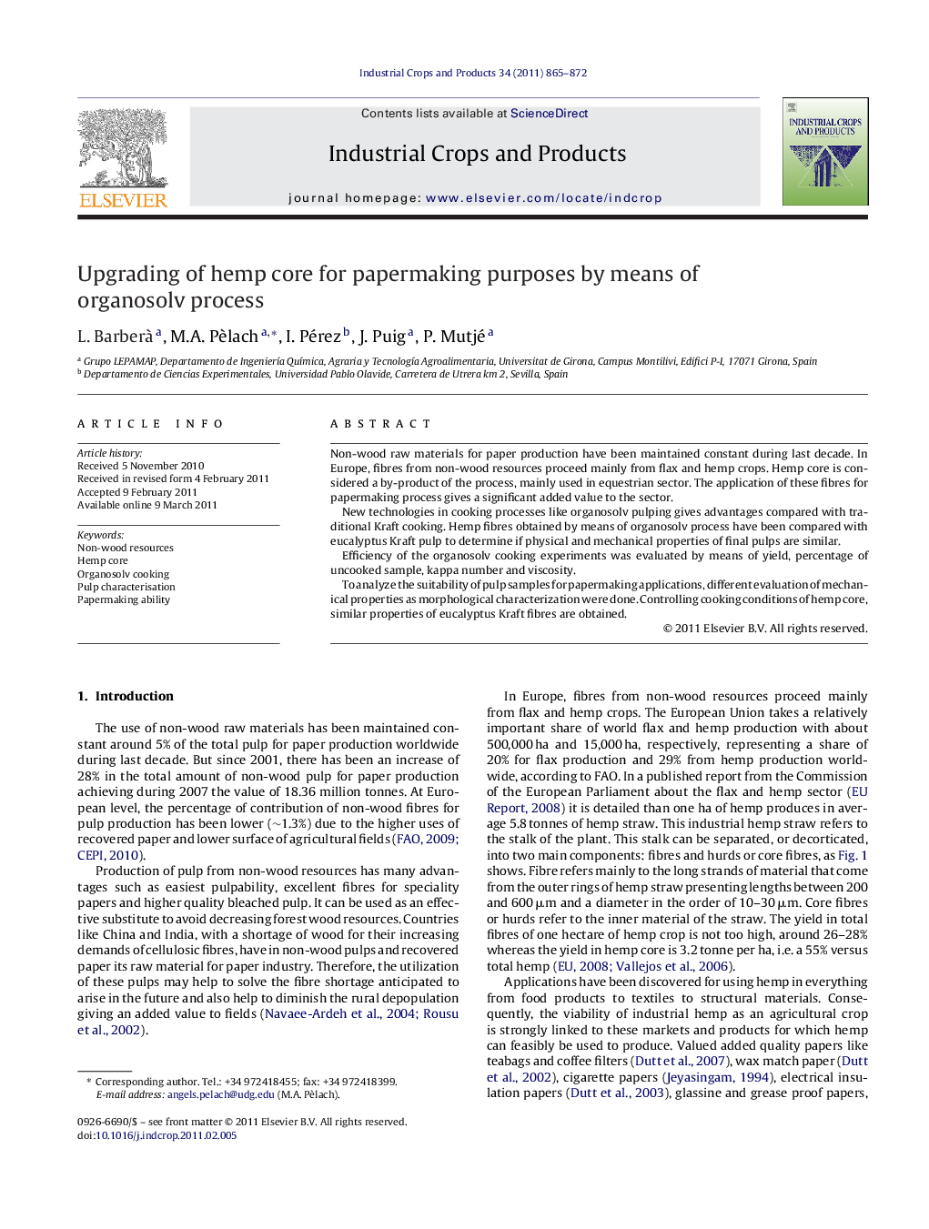 Upgrading of hemp core for papermaking purposes by means of organosolv process