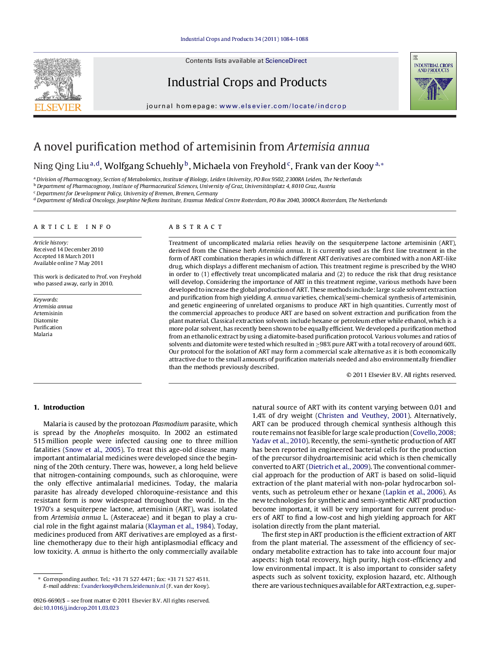 A novel purification method of artemisinin from Artemisia annua