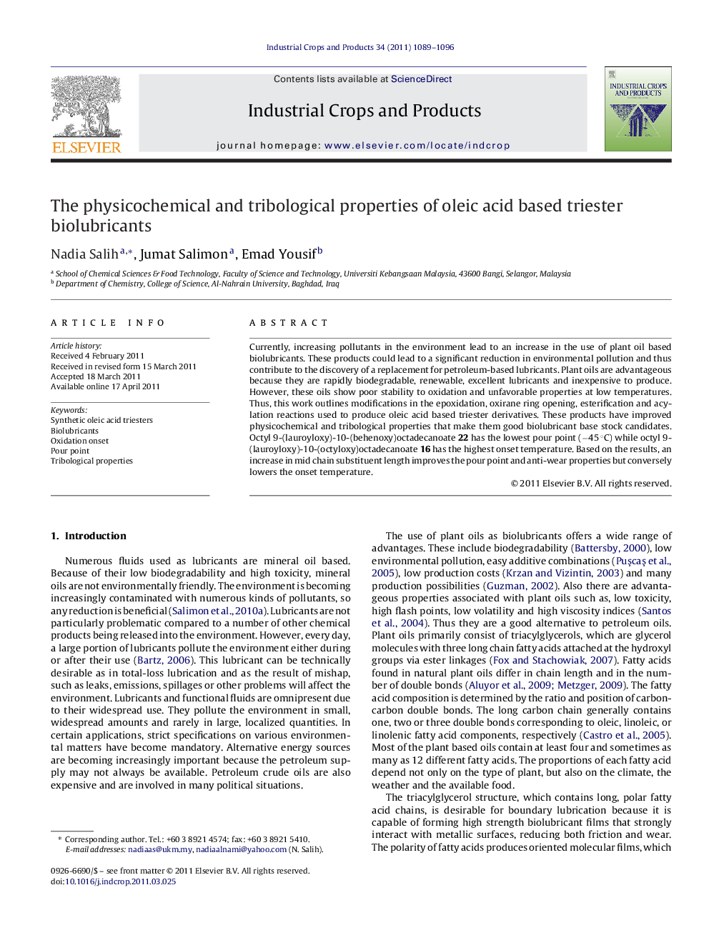 The physicochemical and tribological properties of oleic acid based triester biolubricants