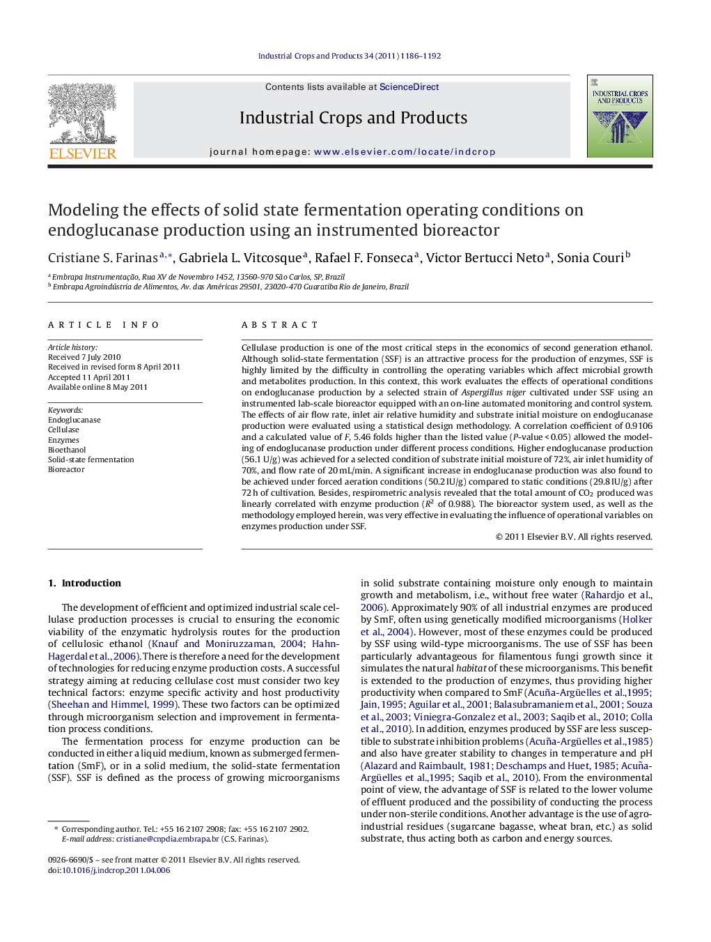 Modeling the effects of solid state fermentation operating conditions on endoglucanase production using an instrumented bioreactor