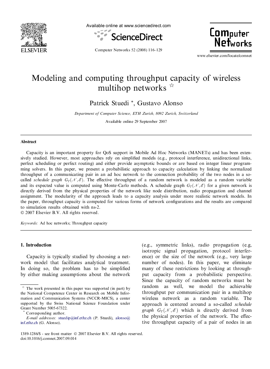 عکس صفحه اول مقاله: Modeling and computing throughput capacity of wireless multihop networks Modeling and computing throughput capacity of wireless multihop networks