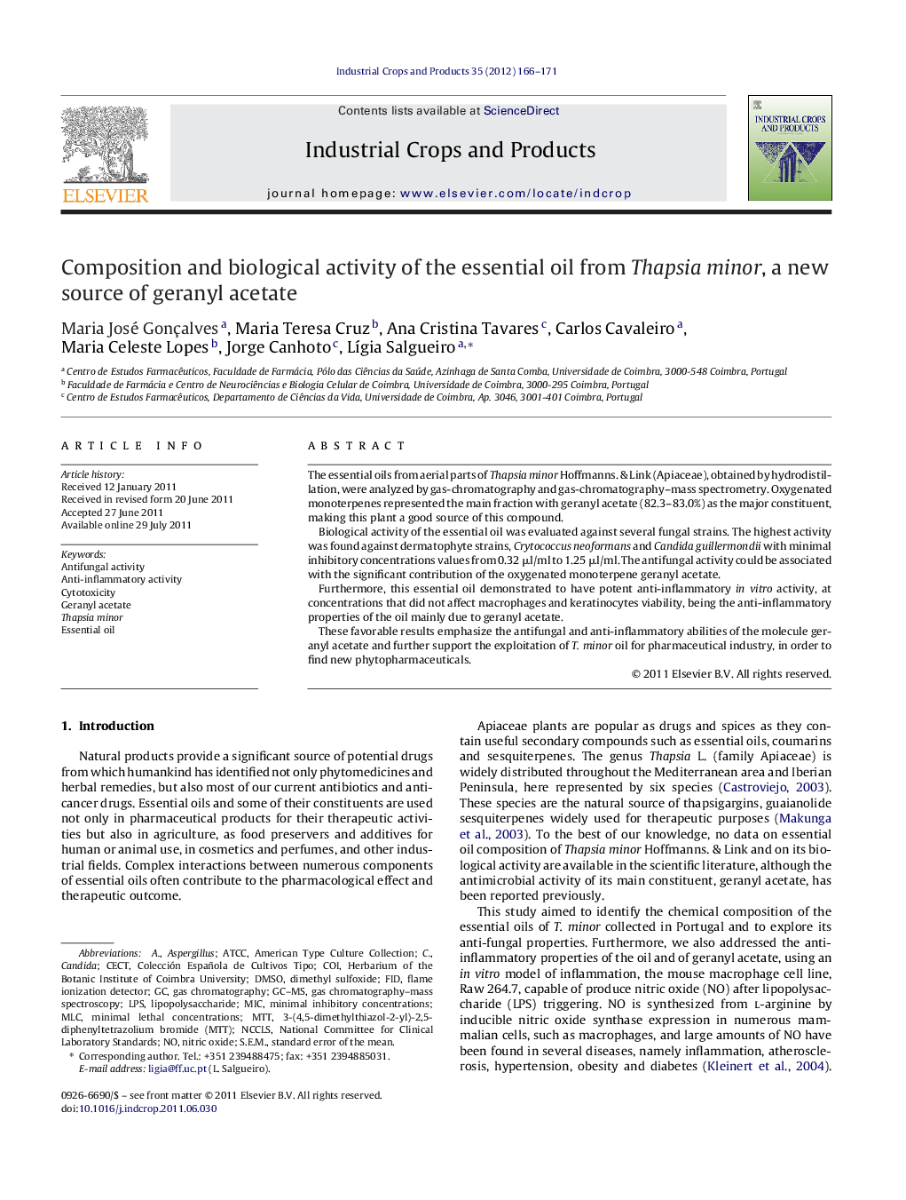 Composition and biological activity of the essential oil from Thapsia minor, a new source of geranyl acetate