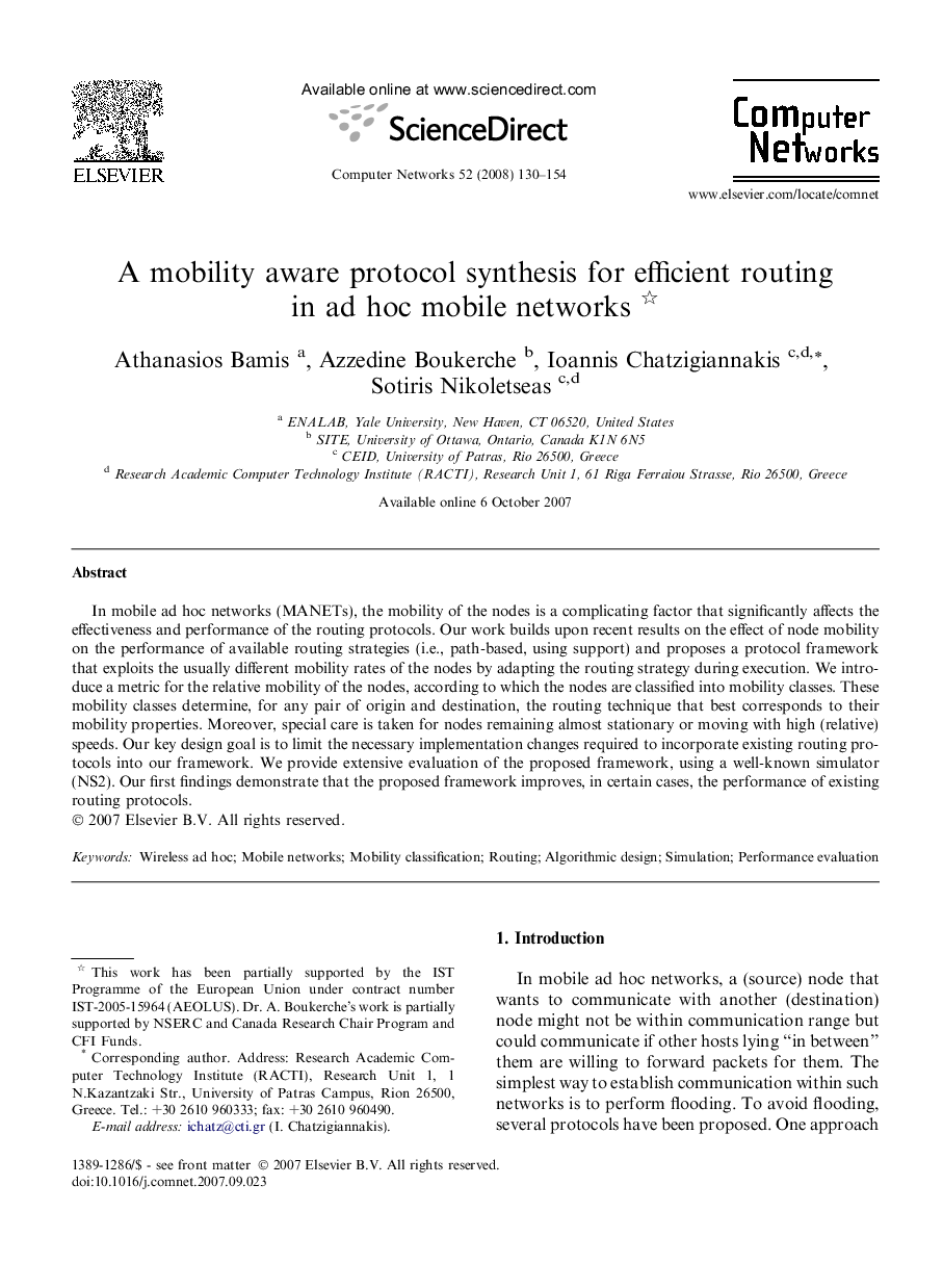 A mobility aware protocol synthesis for efficient routing in ad hoc mobile networks 