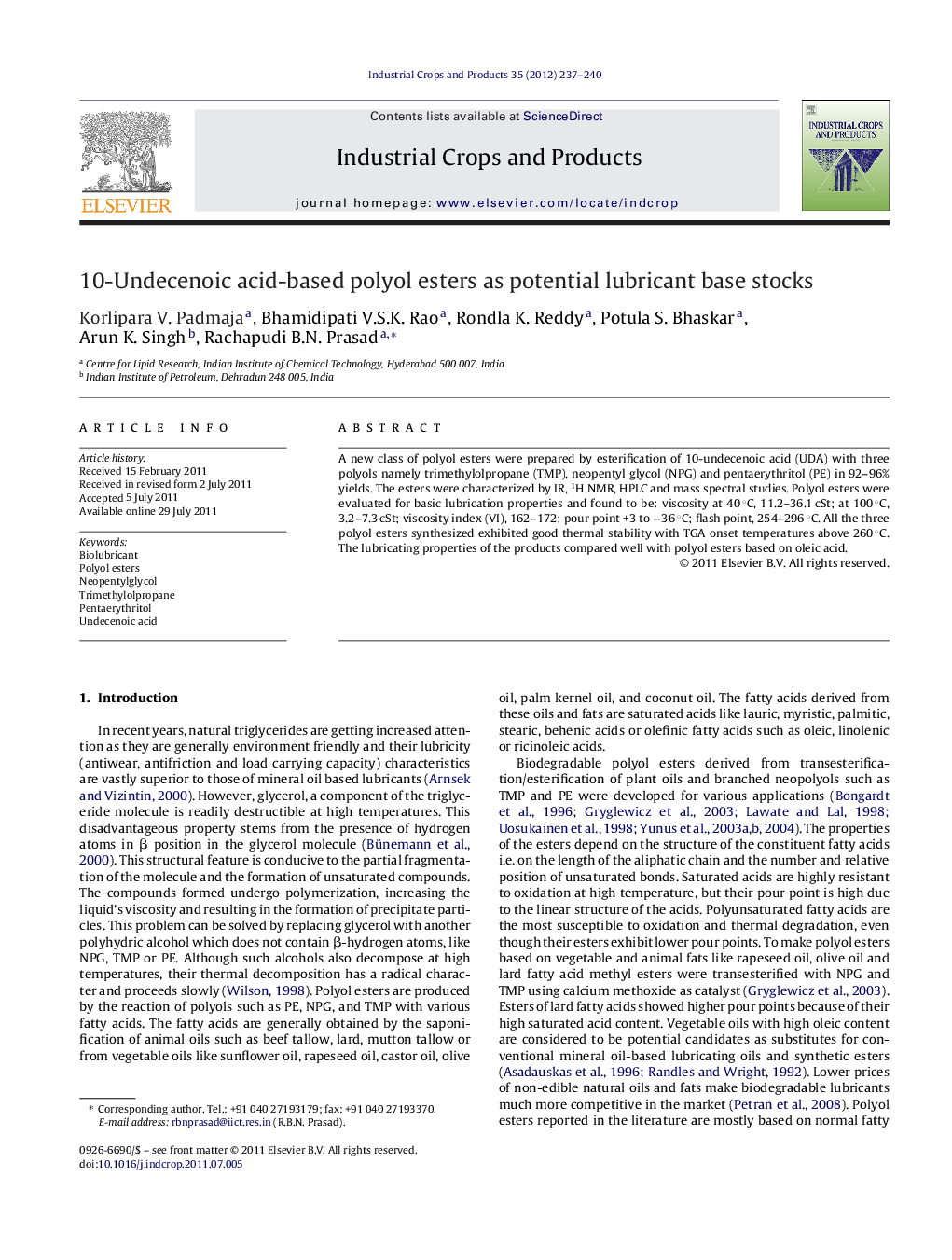 10-Undecenoic acid-based polyol esters as potential lubricant base stocks