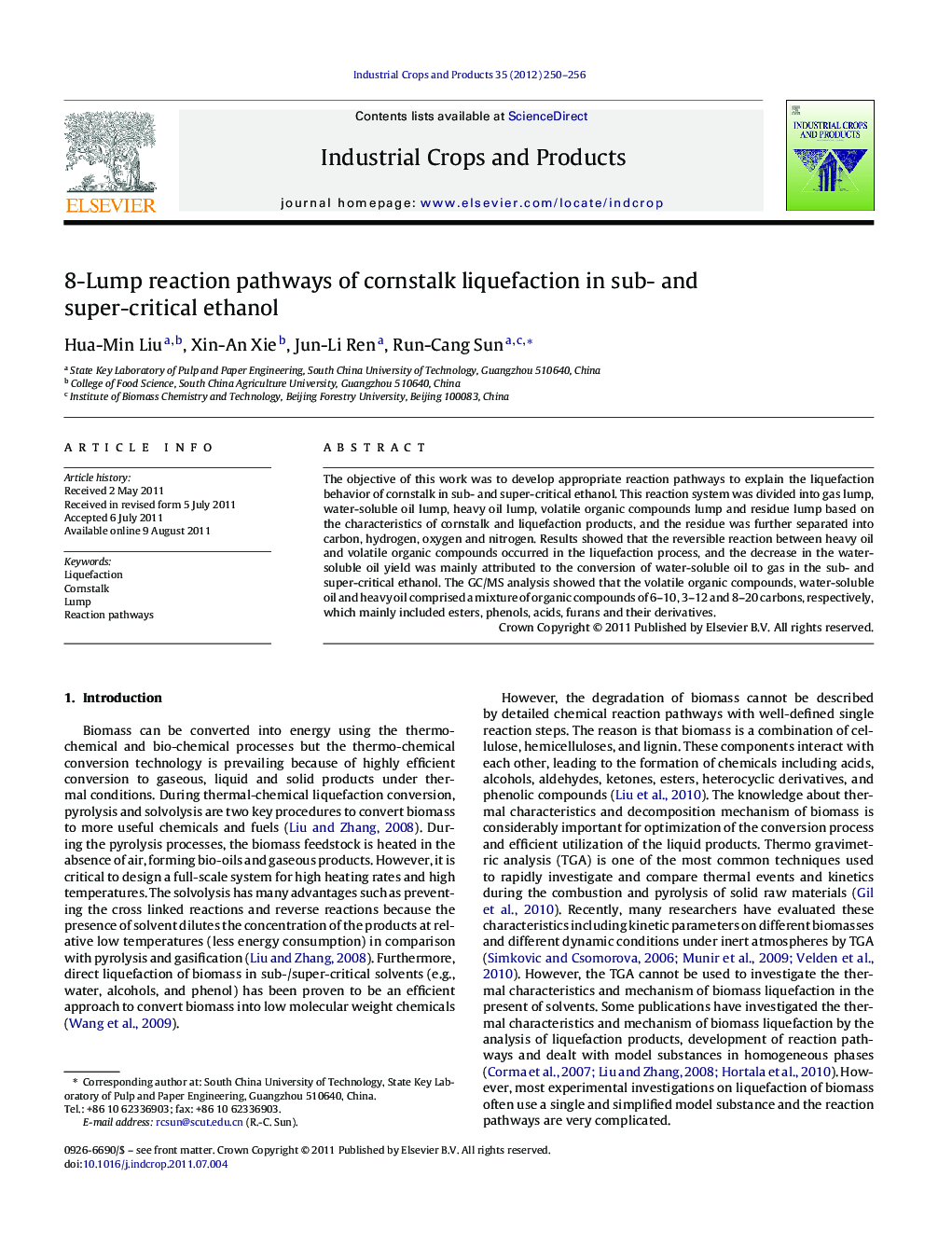 8-Lump reaction pathways of cornstalk liquefaction in sub- and super-critical ethanol