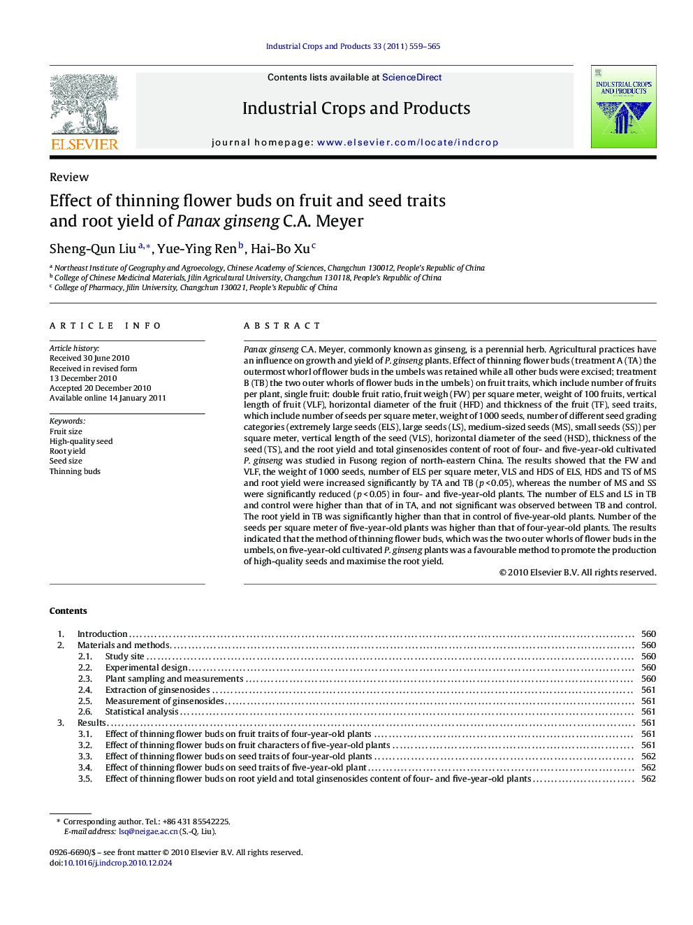 Effect of thinning flower buds on fruit and seed traits and root yield of Panax ginseng C.A. Meyer