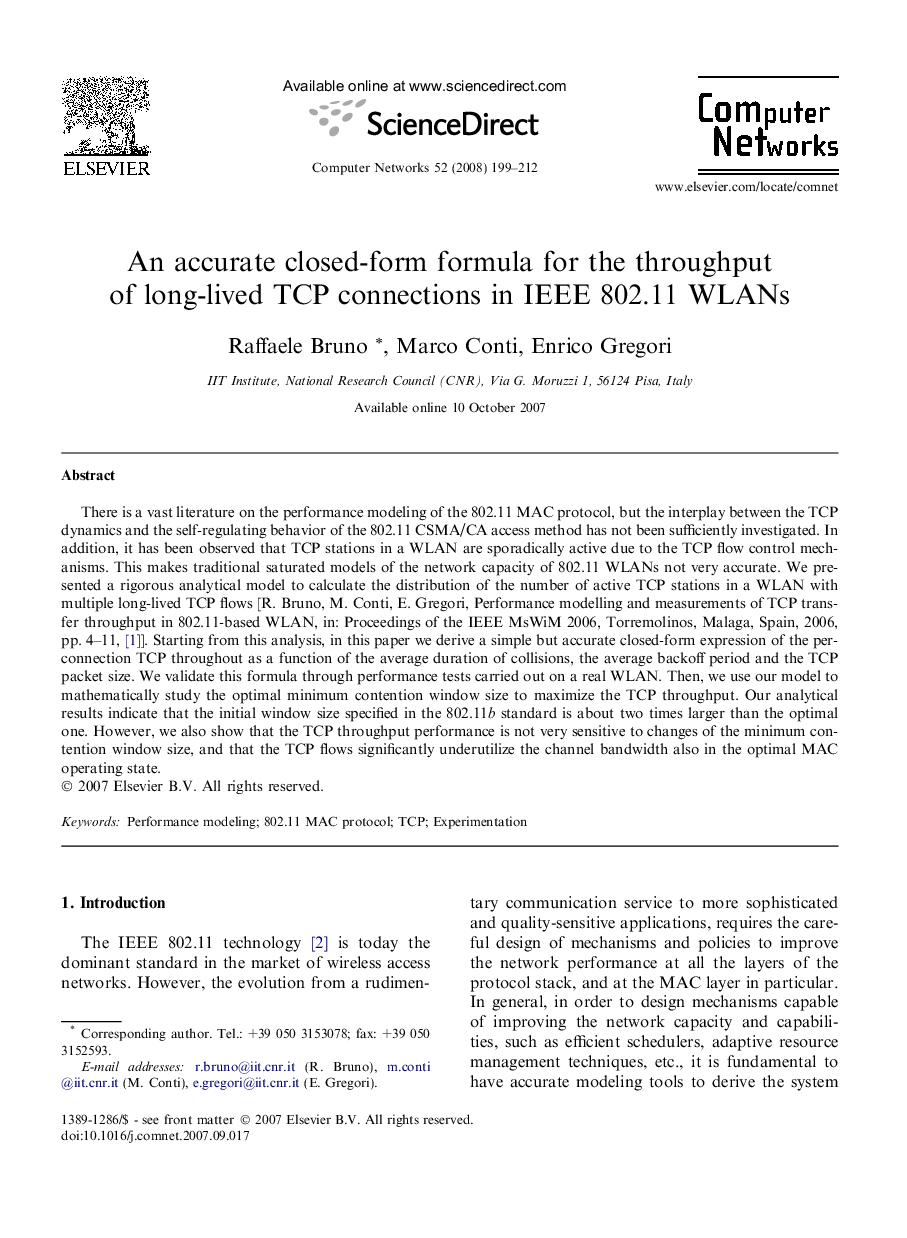 An accurate closed-form formula for the throughput of long-lived TCP connections in IEEE 802.11 WLANs