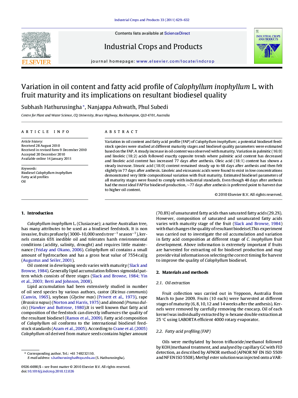 Variation in oil content and fatty acid profile of Calophyllum inophyllum L. with fruit maturity and its implications on resultant biodiesel quality