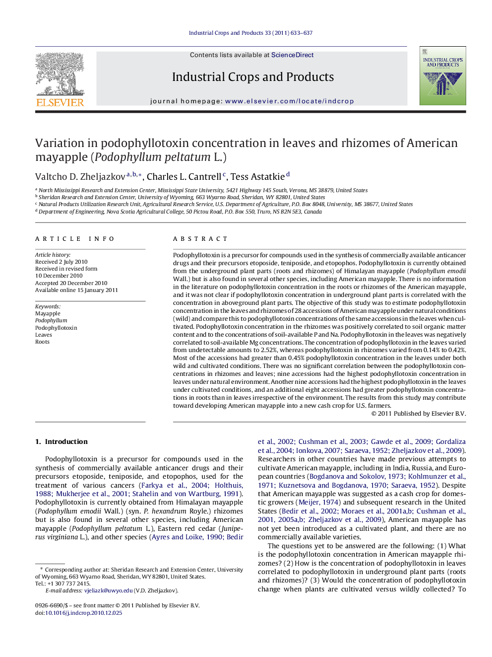 Variation in podophyllotoxin concentration in leaves and rhizomes of American mayapple (Podophyllum peltatum L.)