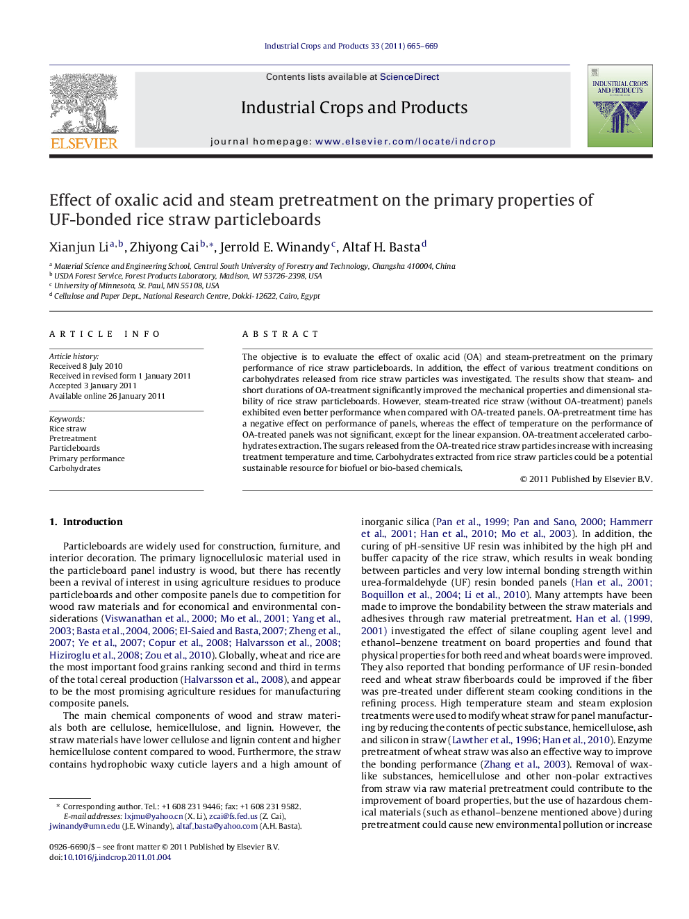 Effect of oxalic acid and steam pretreatment on the primary properties of UF-bonded rice straw particleboards
