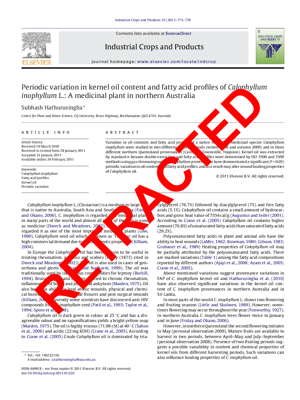 عکس صفحه اول مقاله: RETRACTED: Periodic variation in kernel oil content and fatty acid profiles of Calophyllum inophyllum L.: A medicinal plant in northern Australia RETRACTED: Periodic variation in kernel oil content and fatty acid profiles of Calophyllum inophyllum L.: A medicinal plant in northern Australia
