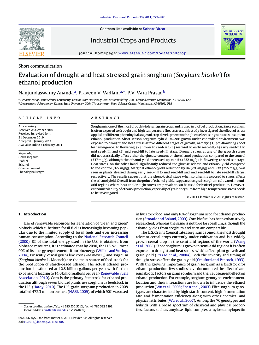 Evaluation of drought and heat stressed grain sorghum (Sorghum bicolor) for ethanol production