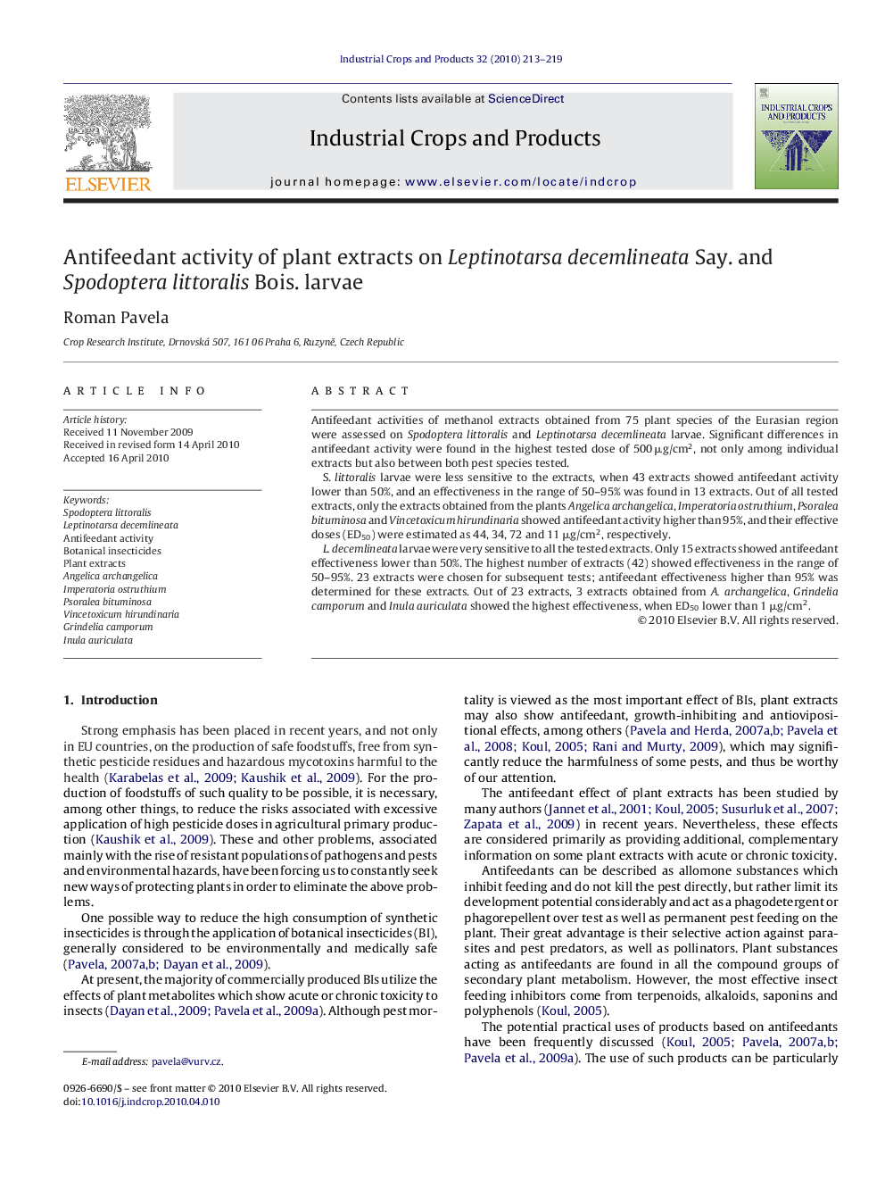 Antifeedant activity of plant extracts on Leptinotarsa decemlineata Say. and Spodoptera littoralis Bois. larvae