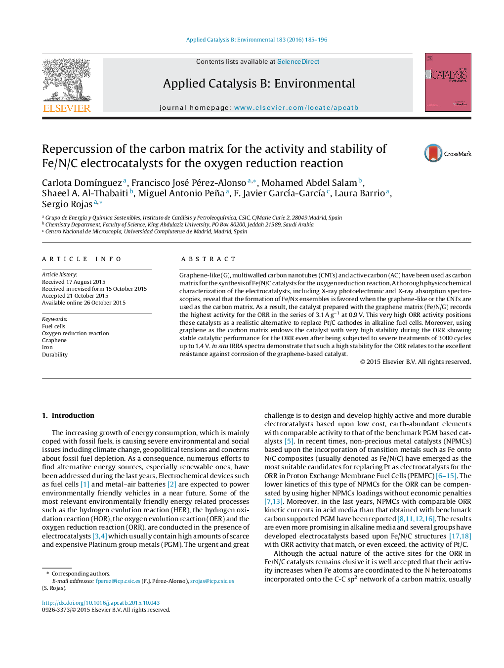 عکس صفحه اول مقاله: Repercussion of the carbon matrix for the activity and stability of Fe/N/C electrocatalysts for the oxygen reduction reaction Repercussion of the carbon matrix for the activity and stability of Fe/N/C electrocatalysts for the oxygen reduction reaction