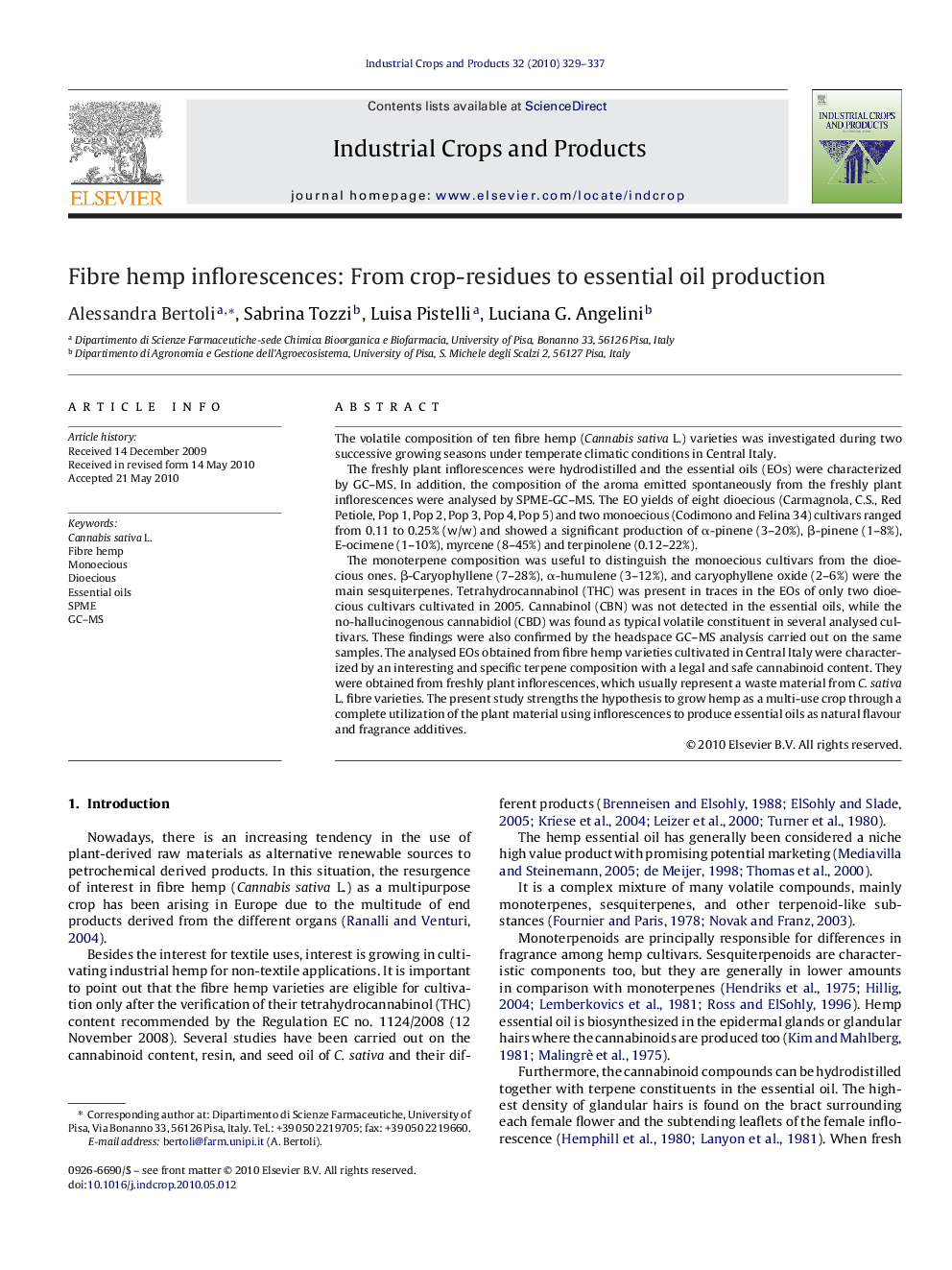 Fibre hemp inflorescences: From crop-residues to essential oil production