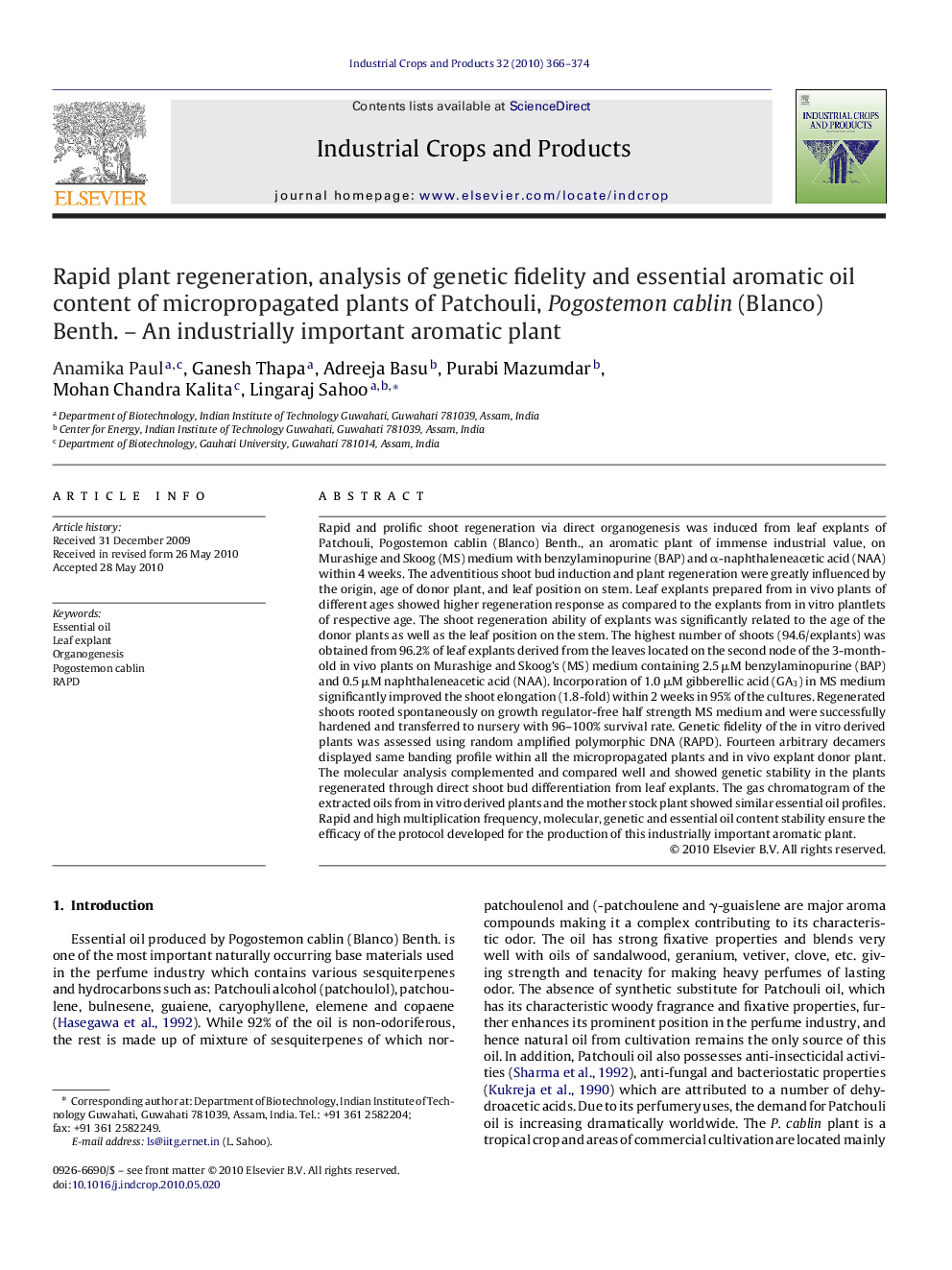 Rapid plant regeneration, analysis of genetic fidelity and essential aromatic oil content of micropropagated plants of Patchouli, Pogostemon cablin (Blanco) Benth. – An industrially important aromatic plant