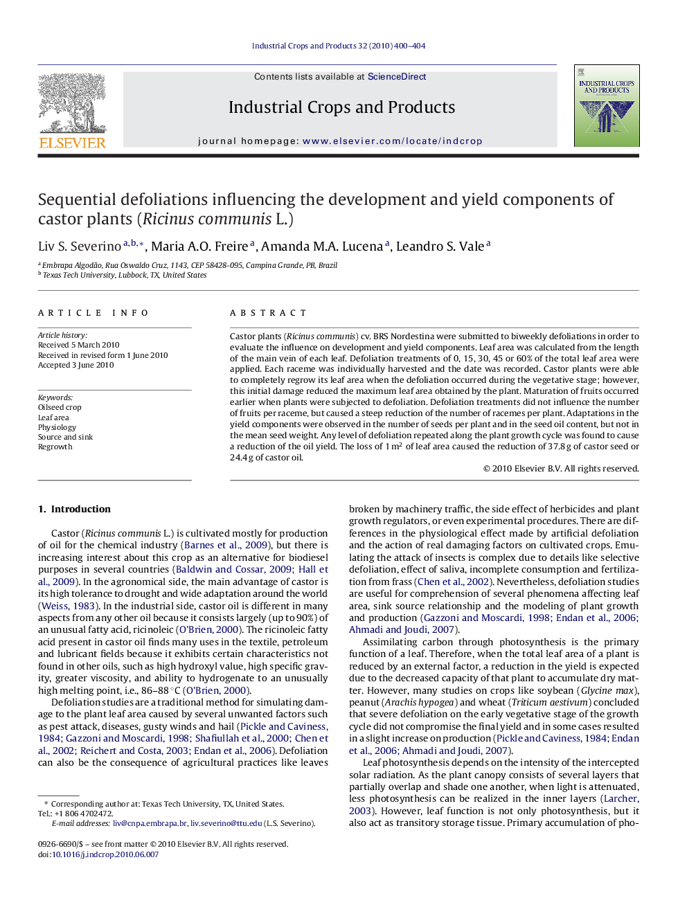 Sequential defoliations influencing the development and yield components of castor plants (Ricinus communis L.)