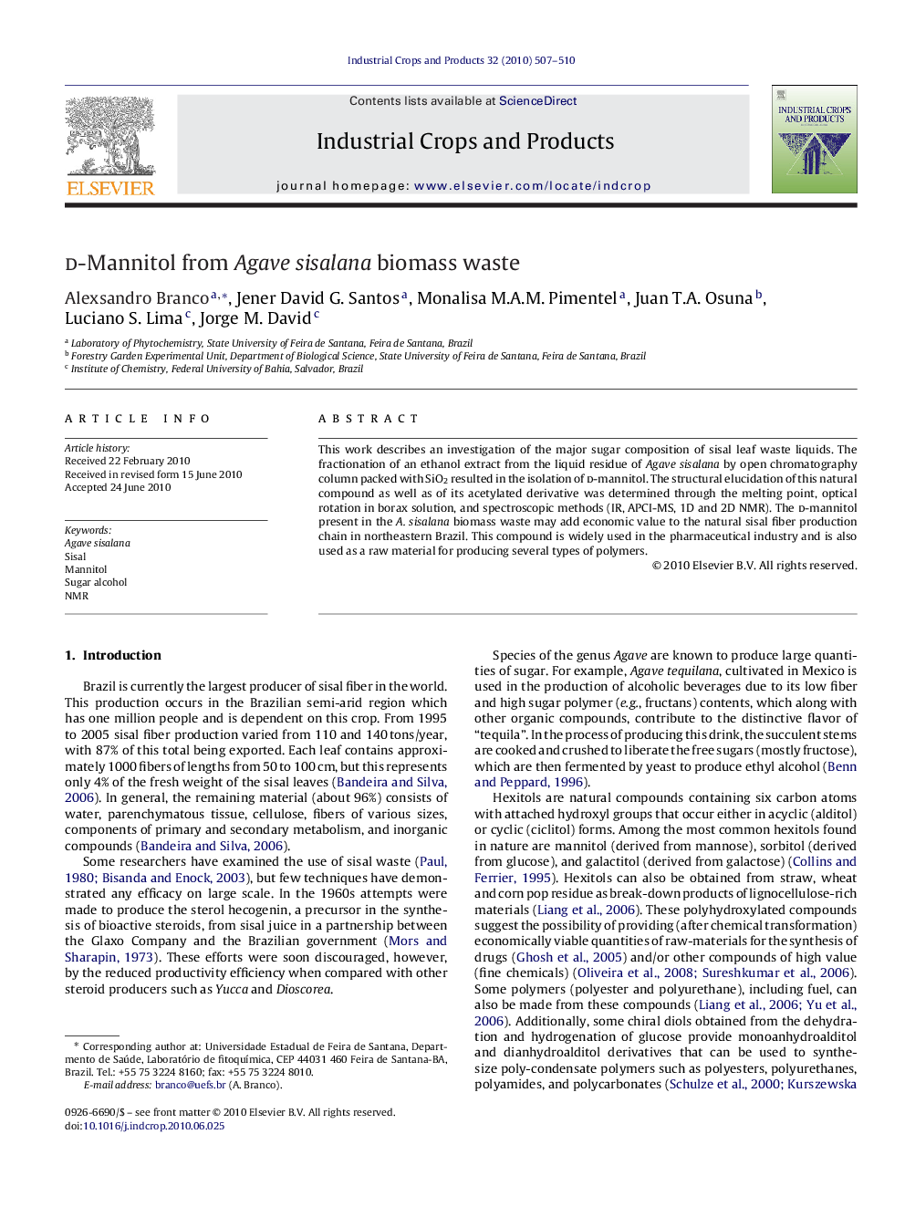 d-Mannitol from Agave sisalana biomass waste