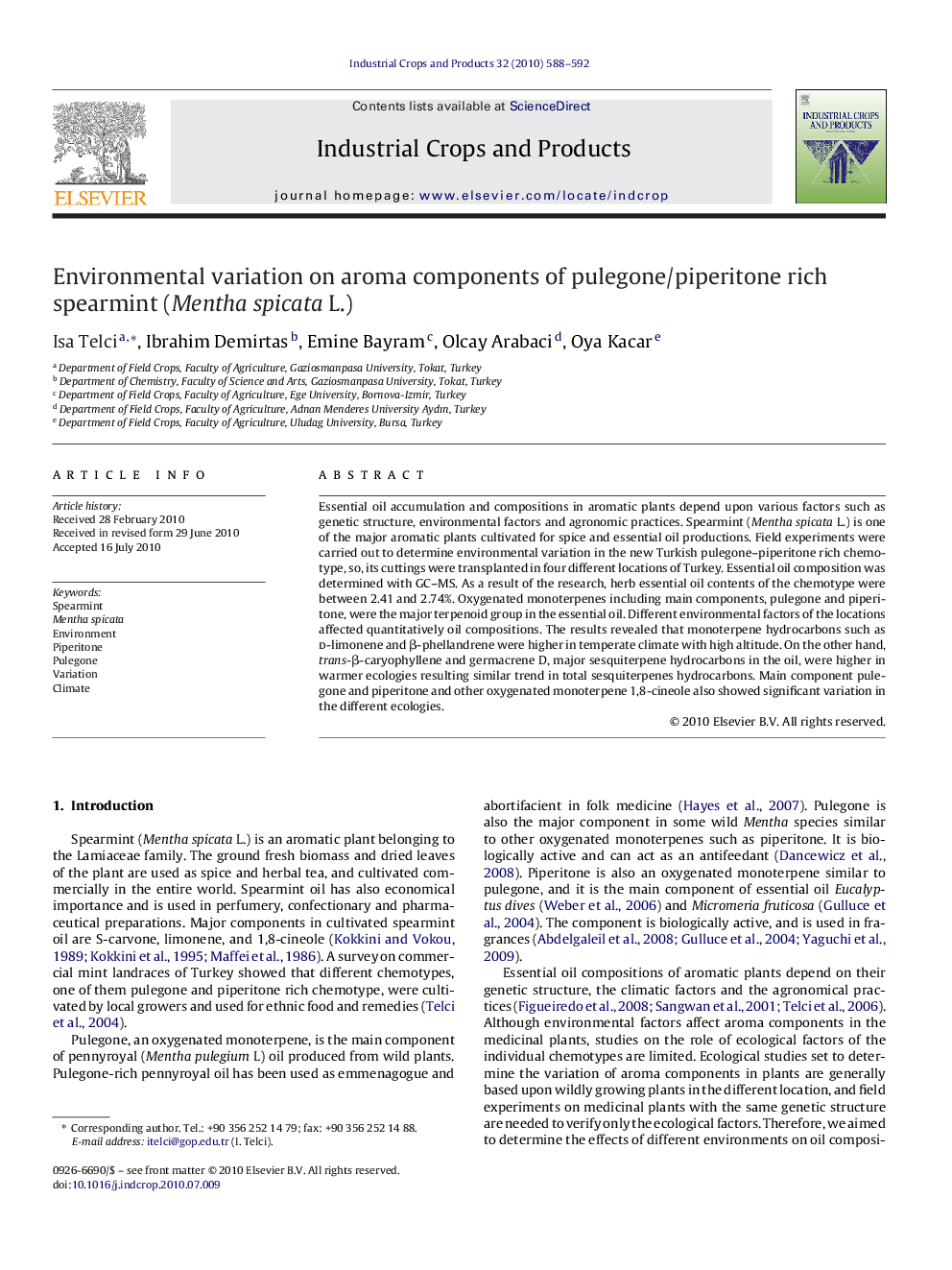 Environmental variation on aroma components of pulegone/piperitone rich spearmint (Mentha spicata L.)