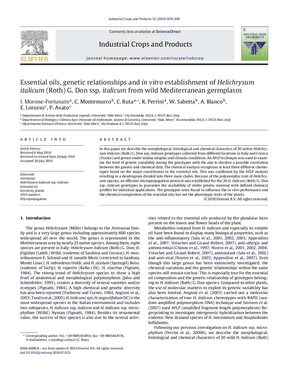 Essential oils, genetic relationships and in vitro establishment of Helichrysum italicum (Roth) G. Don ssp. italicum from wild Mediterranean germplasm