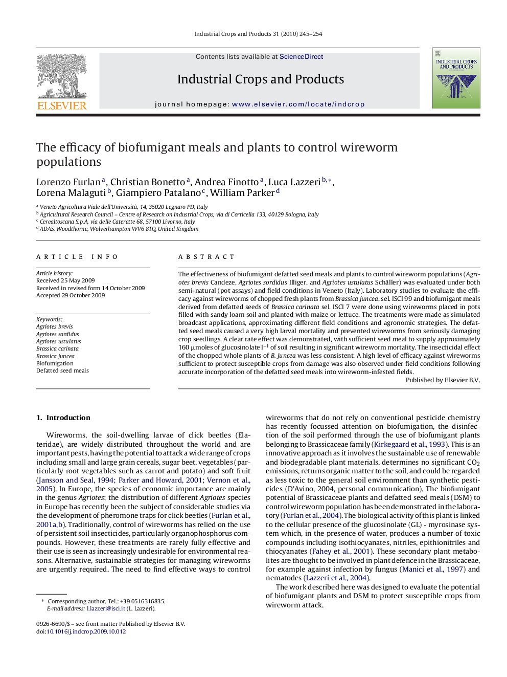 The efficacy of biofumigant meals and plants to control wireworm populations