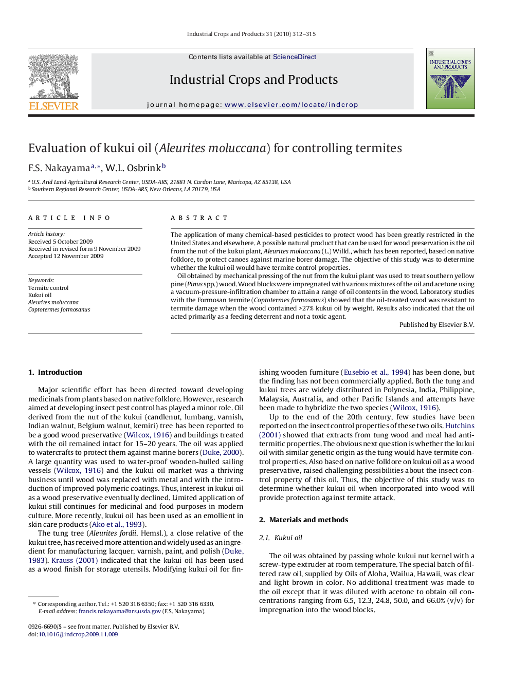 Evaluation of kukui oil (Aleurites moluccana) for controlling termites