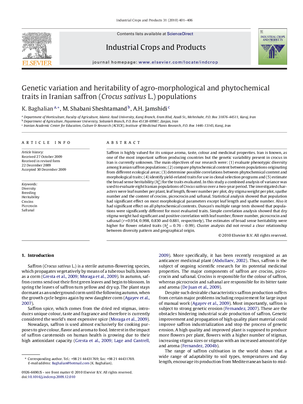 Genetic variation and heritability of agro-morphological and phytochemical traits in Iranian saffron (Crocus sativus L.) populations