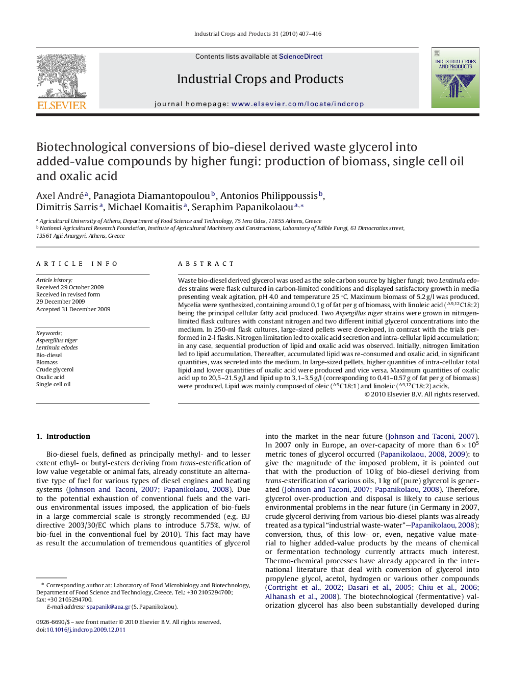 Biotechnological conversions of bio-diesel derived waste glycerol into added-value compounds by higher fungi: production of biomass, single cell oil and oxalic acid