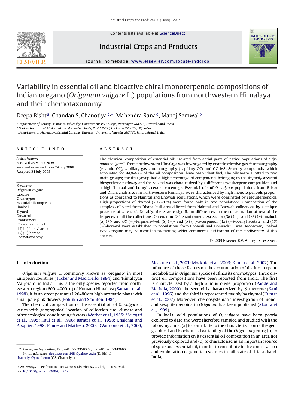 Variability in essential oil and bioactive chiral monoterpenoid compositions of Indian oregano (Origanum vulgare L.) populations from northwestern Himalaya and their chemotaxonomy