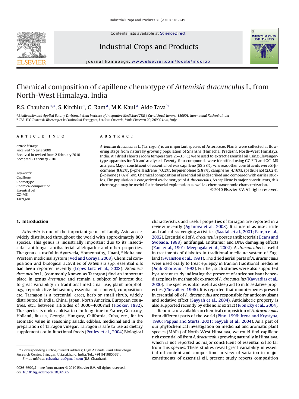 Chemical composition of capillene chemotype of Artemisia dracunculus L. from North-West Himalaya, India