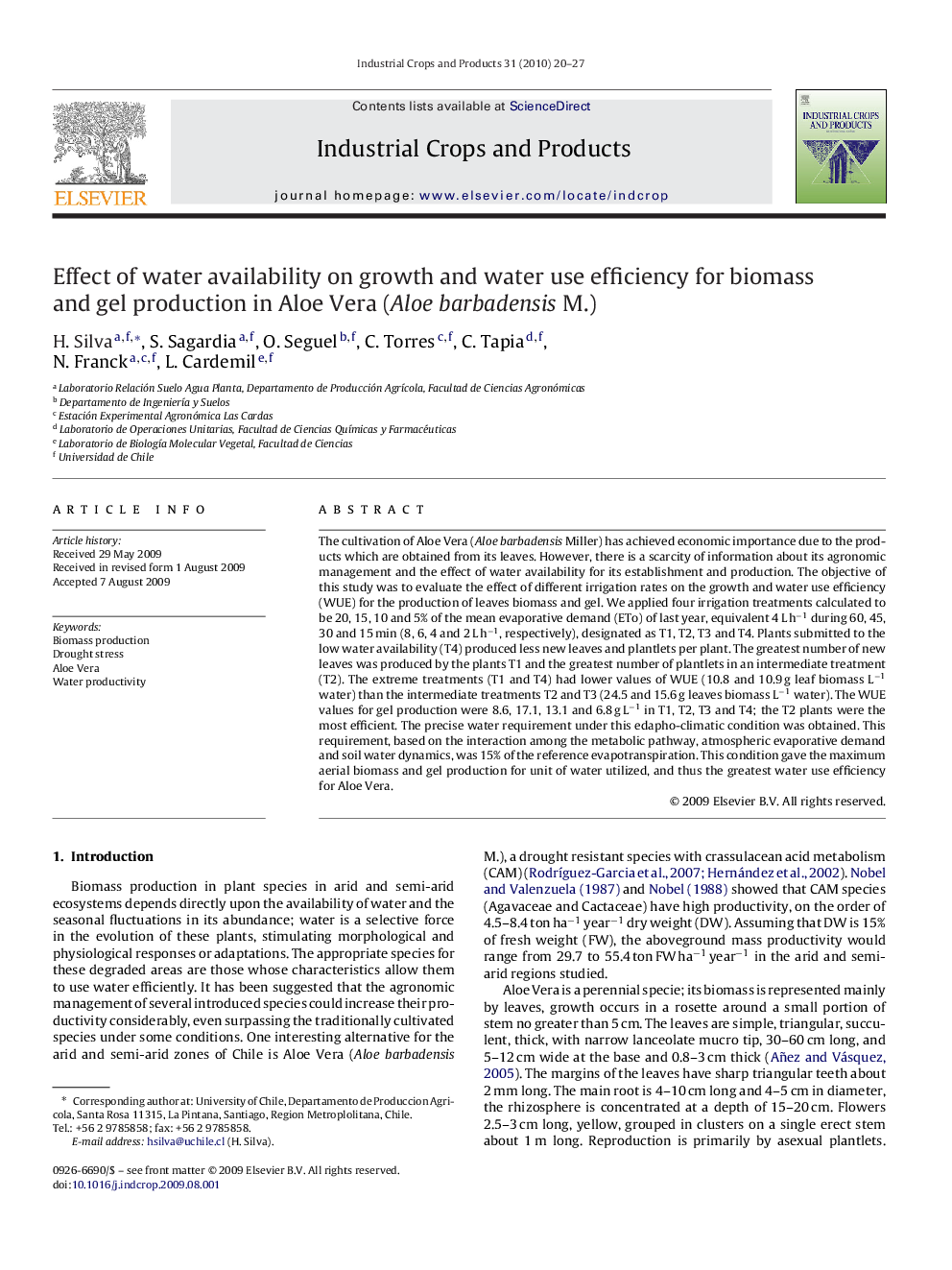 Effect of water availability on growth and water use efficiency for biomass and gel production in Aloe Vera (Aloe barbadensis M.)