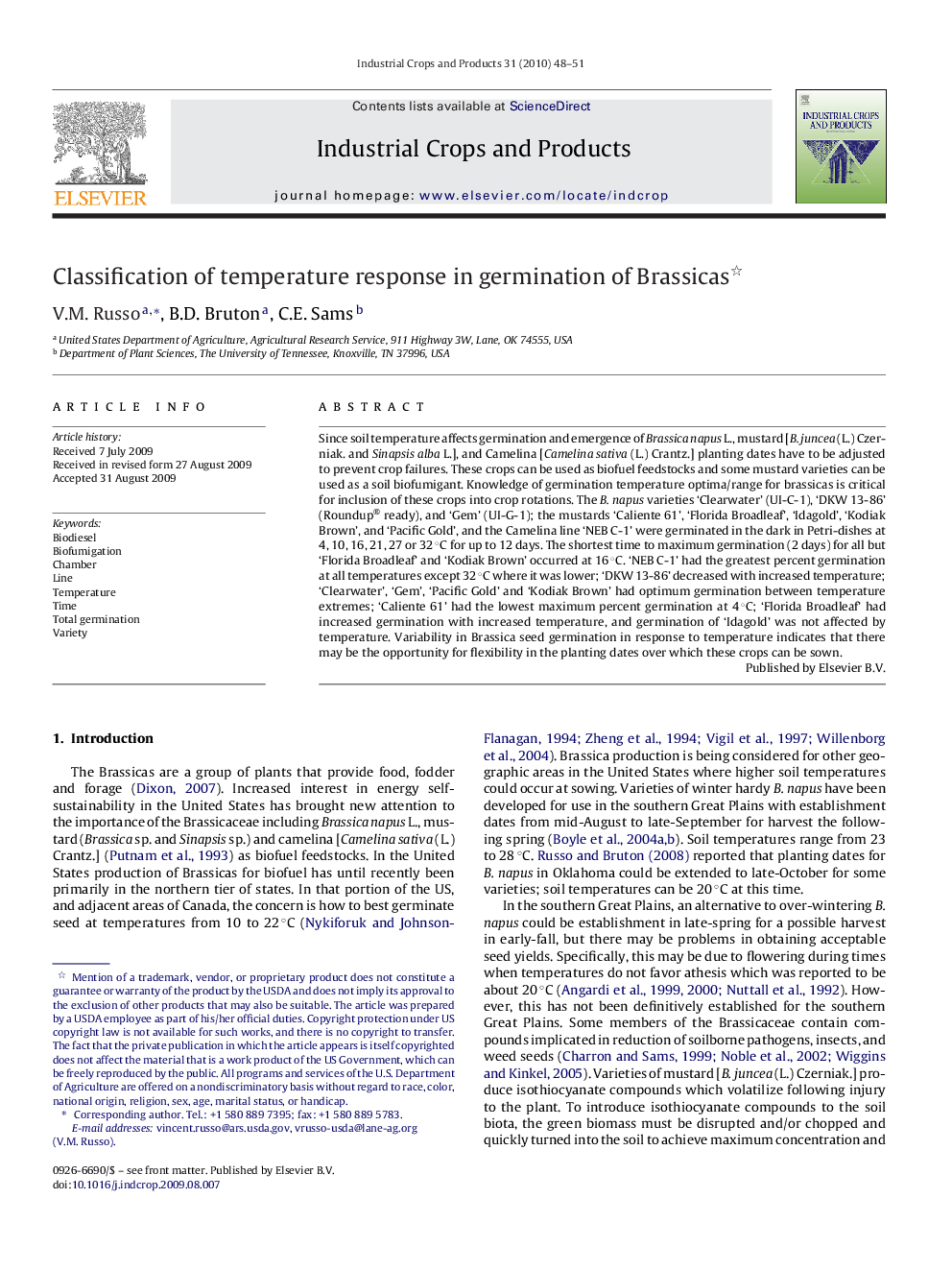 Classification of temperature response in germination of Brassicas 