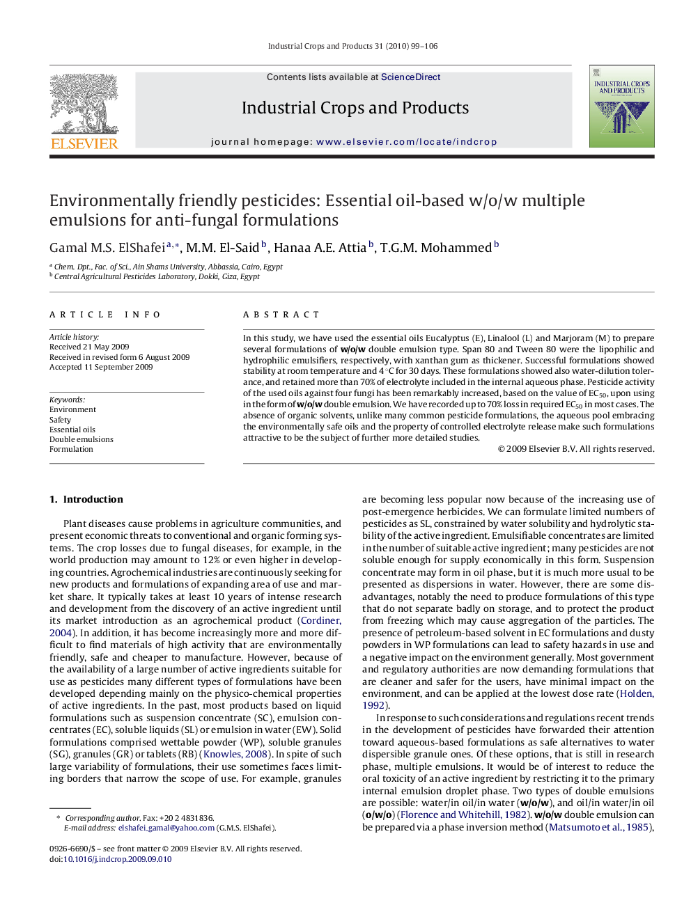 Environmentally friendly pesticides: Essential oil-based w/o/w multiple emulsions for anti-fungal formulations